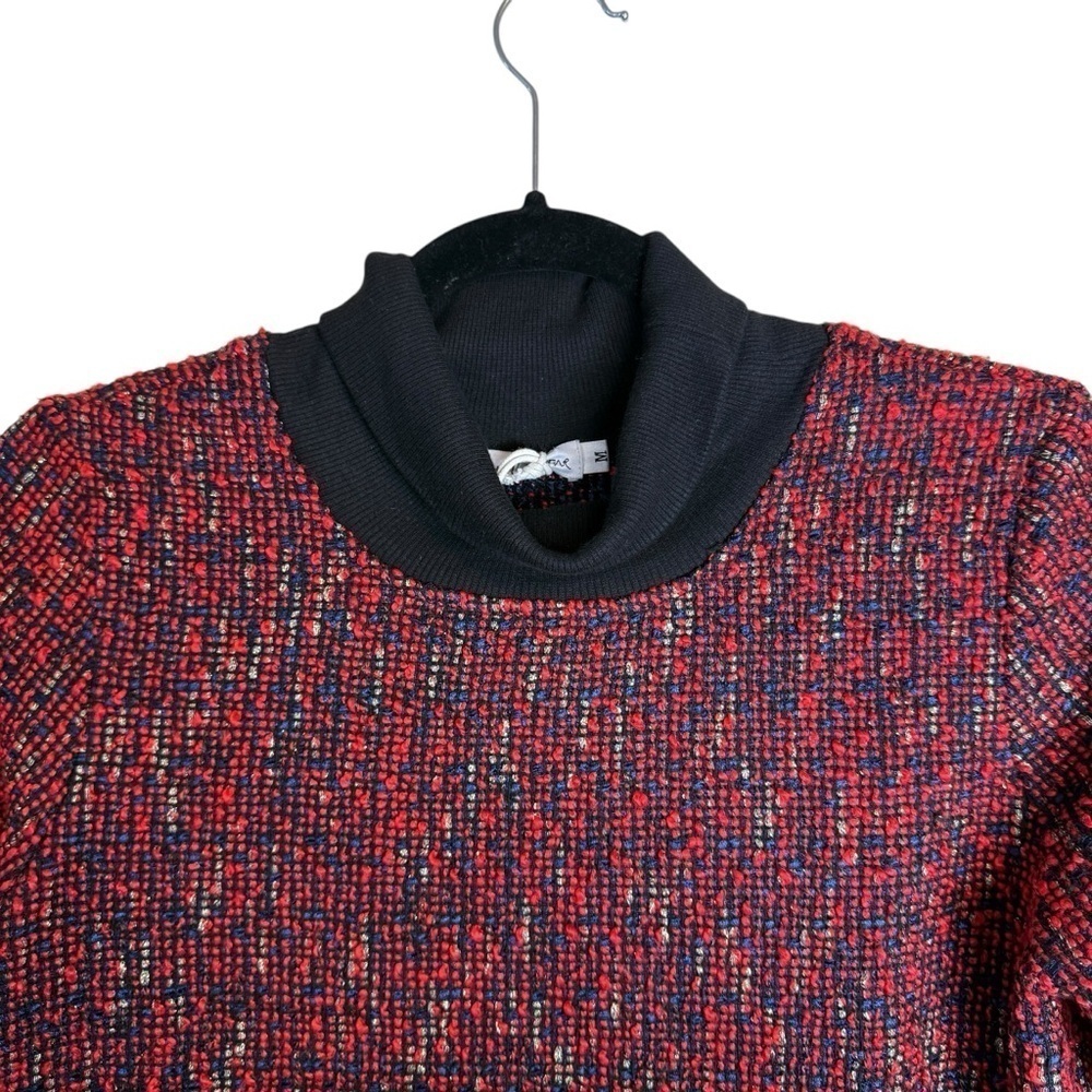 The Collective Tweed Red Black Metallic Mock Neck Long Sleeve Fringe Hem Top - Picture 4 of 14